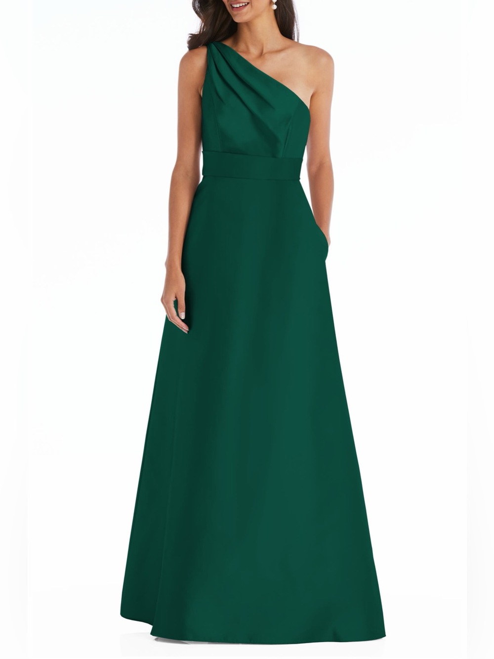 Alfred Sung Hunter Green One Shoulder Satin A-Line Gown D815S NWT 18